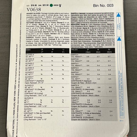 Vogue Accessories Gloves Vintage Sewing Pattern V0638 New Uncut - Picture 2 of 2